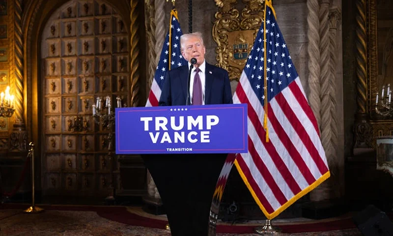 PALM BEACH, FLORIDA - JANUARY 07: U.S. President-elect Donald Trump speaks to members of the media during a press conference at the Mar-a-Lago Club on January 07, 2025 in Palm Beach, Florida. Trump will be sworn in as the 47th president of the United States on January 20, making him the only president other than Grover Cleveland to serve two non-consecutive terms in office. (Photo by Scott Olson/Getty Images)