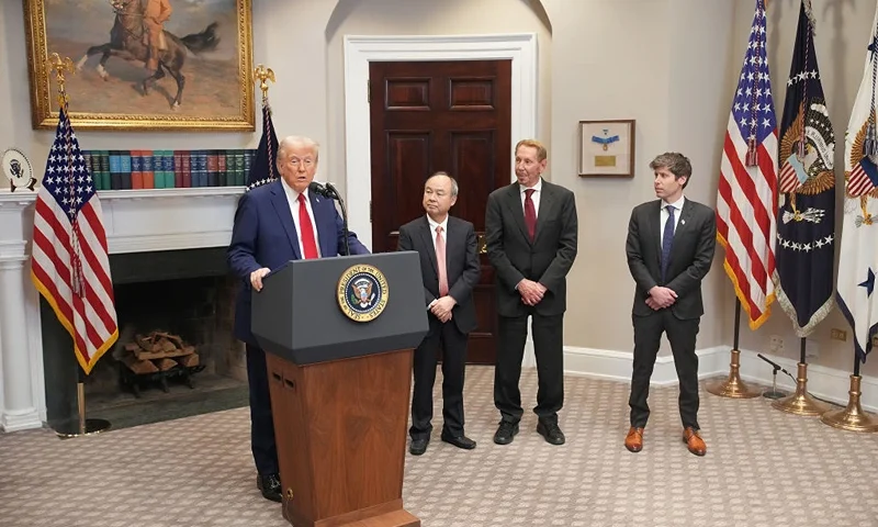 WASHINGTON, DC - JANUARY 21: U.S. President Donald Trump speaks in the Roosevelt Room of the White House while SoftBank CEO Masayoshi Son, Oracle CTO Larry Ellison, and OpenAI CEO Sam Altman look on on January 21, 2025 in Washington, DC. Trump is expected to announce investment in artificial intelligence (AI) infrastructure. (Photo by Andrew Harnik/Getty Images)
