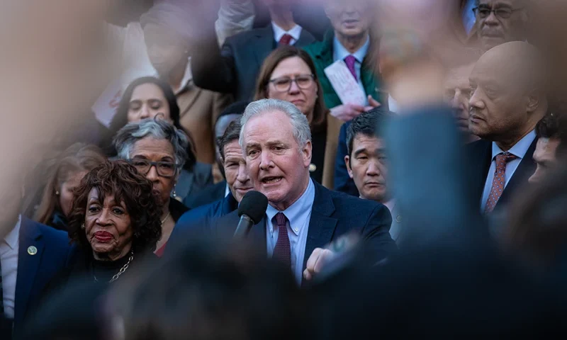 WASHINGTON, DC - FEBRUARY 4: U.S. Sen. Chris Van Hollen (D-MD) speaks to a crowd gathered in front of the U.S. Treasury Department in protest of Elon Musk and the Department of Government Efficiency on February 4, 2025 in Washington, DC. Several Democratic members of conference joined the rally to protest Musk's access to the payment system of the Treasury, which houses the private information of millions of Americans. (Photo by Anna Rose Layden/Getty Images)