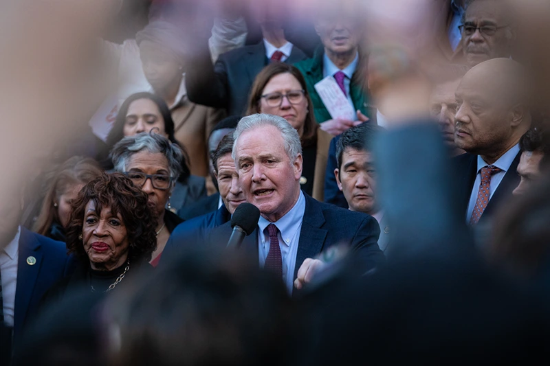WASHINGTON, DC - FEBRUARY 4: U.S. Sen. Chris Van Hollen (D-MD) speaks to a crowd gathered in front of the U.S. Treasury Department in protest of Elon Musk and the Department of Government Efficiency on February 4, 2025 in Washington, DC. Several Democratic members of conference joined the rally to protest Musk's access to the payment system of the Treasury, which houses the private information of millions of Americans. (Photo by Anna Rose Layden/Getty Images)