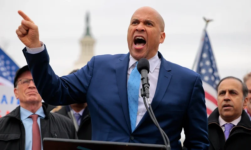 U.S. Sen. Cory Booker (D-NJ) speaks at a rally in support of USAid on the grounds of the U.S. Capitol on February 05, 2025 in Washington, DC. USAid employees and supporters protested against the Trump Administration's sudden closure of USAid resulting in the canceling aid work, conflict prevention and foreign policy work around the world as well as potentially laying off thousands of employees. (Photo by Chip Somodevilla/Getty Images)