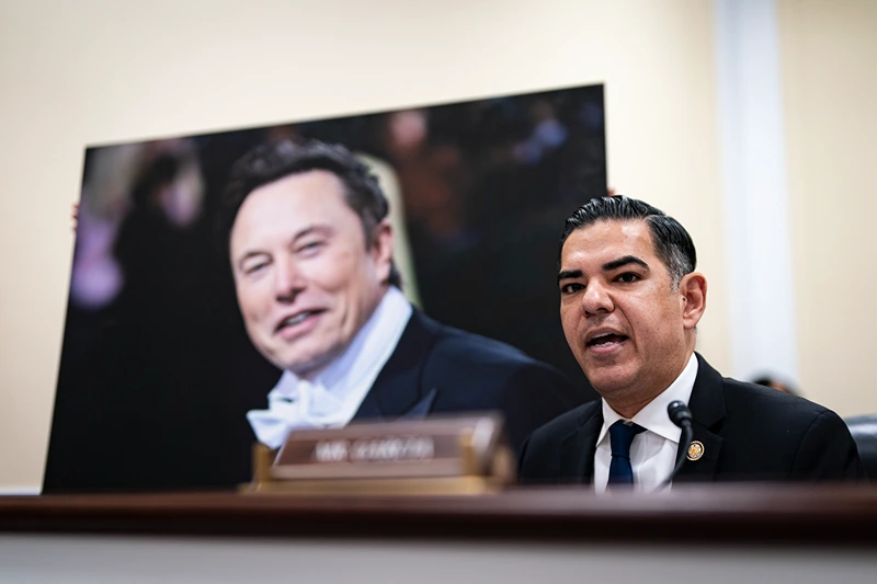 U.S. Rep. Robert Garcia (D-CA) speaks while displaying a photograph of Tesla and SpaceX CEO Elon Musk, during the House Oversight and Government Reform Subcommittee on Delivering on Government Efficiency in the Rayburn House Office Building on February 12, 2025 in Washington, DC. The subcommittee held a hearing titled "The War on Waste: Stamping Out the Scourge of Improper Payments and Fraud." (Photo by Al Drago/Getty Images)