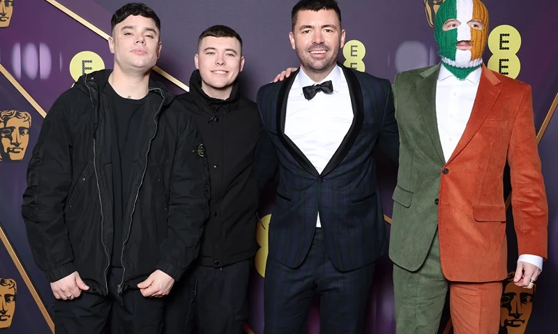 LONDON, ENGLAND - FEBRUARY 16: Móglaí Bap, Mo Chara, Rich Peppiatt and Dj Provaí of Kneecap attend the 2025 EE BAFTA Film Awards at The Royal Festival Hall on February 16, 2025 in London, England. (Photo by Pascal Le Segretain/Getty Images)