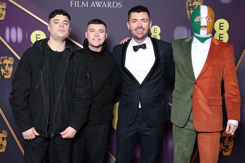 LONDON, ENGLAND - FEBRUARY 16: Móglaí Bap, Mo Chara, Rich Peppiatt and Dj Provaí of Kneecap attend the 2025 EE BAFTA Film Awards at The Royal Festival Hall on February 16, 2025 in London, England. (Photo by Pascal Le Segretain/Getty Images)