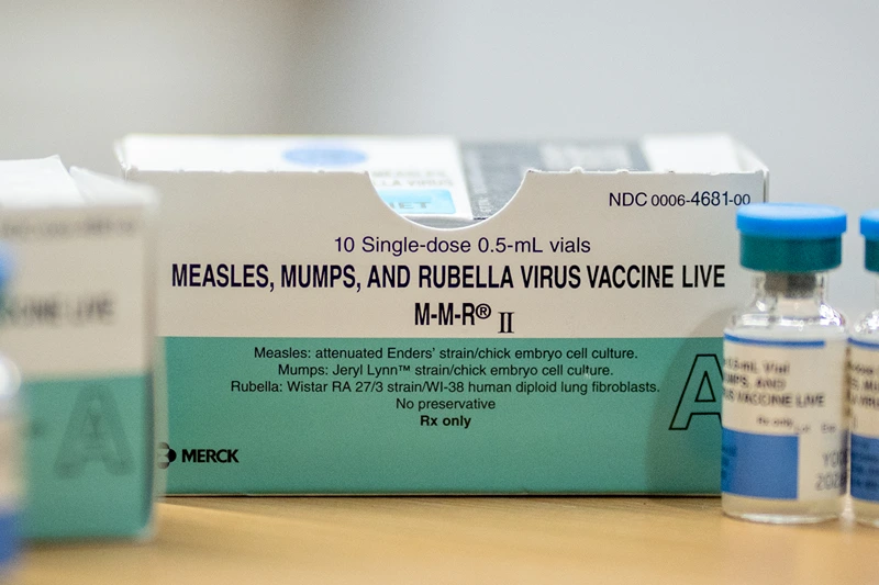 Boxes and vials of the Measles, Mumps, Rubella Virus Vaccine at a vaccine clinic put on by Lubbock Public Health Department on March 1, 2025 in Lubbock, Texas. Cases of Measles are on the rise in West Texas as over 150 confirmed case have been seen with one confirmed death.(Photo by Jan Sonnenmair/Getty Images)