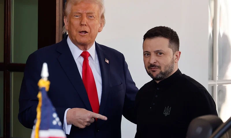 WASHINGTON, DC - FEBRUARY 28: (L-R) U.S. President Donald Trump greets Ukrainian President Volodymyr Zelensky as he arrives at the White House on February 28, 2025 in Washington, DC. Trump and Zelensky are meeting today to sign a preliminary agreement on sharing Ukraine’s mineral resources that Trump says will allow America to recoup aid provided to Kyiv while supporting Ukraine’s economy. (Photo by Chip Somodevilla/Getty Images)