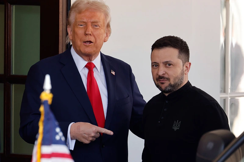 WASHINGTON, DC - FEBRUARY 28: (L-R) U.S. President Donald Trump greets Ukrainian President Volodymyr Zelensky as he arrives at the White House on February 28, 2025 in Washington, DC. Trump and Zelensky are meeting today to sign a preliminary agreement on sharing Ukraine’s mineral resources that Trump says will allow America to recoup aid provided to Kyiv while supporting Ukraine’s economy. (Photo by Chip Somodevilla/Getty Images)