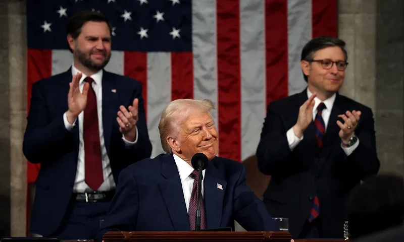 Vice President JD Vance and Speaker of the House Mike Johnson (R-LA) applaud as US President Donald Trump looks to the guests during his address to a joint session of Congress at the US Capitol in Washington, DC, on March 4, 2025. (Photo by Win McNamee / POOL / AFP) (Photo by WIN MCNAMEE/POOL/AFP via Getty Images)