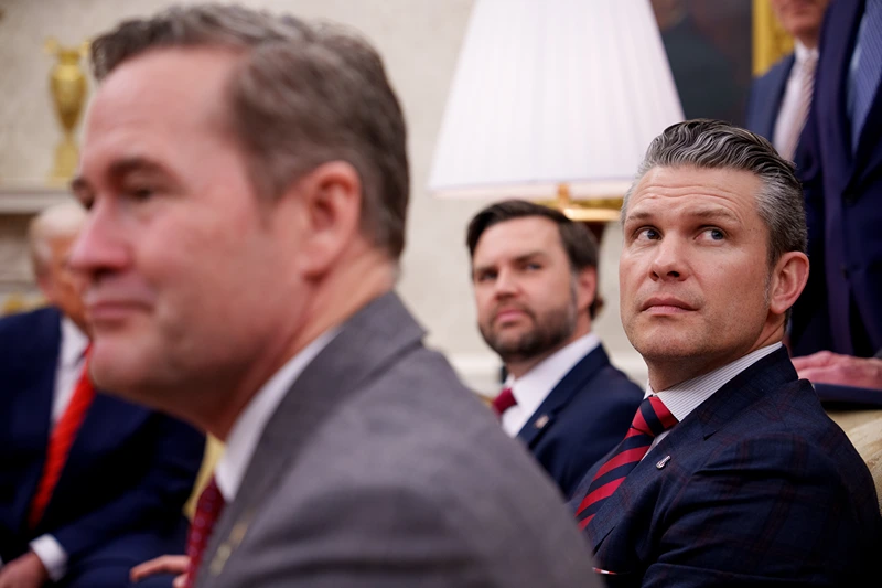 WASHINGTON, DC - MARCH 13: (L-R) U.S. President Donald Trump, U.S. National Security Adviser Michael Waltz, U.S. Vice President J.D. Vance, and Defense Secretary Pete Hegseth, listen to a question from a reporter during a meeting in the Oval Office of the White House on March 13, 2025 in Washington, DC. The two leaders met as the Trump administration has once again put the military alliance between the United States and Western Europe in question. (Photo by Andrew Harnik/Getty Images)