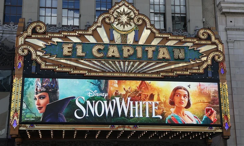 The marquee of the El Capitan theatre is seen during the world premiere of Disney's "Snow White" in Los Angeles, March 15, 2025. (Photo by VALERIE MACON / AFP) (Photo by VALERIE MACON/AFP via Getty Images)