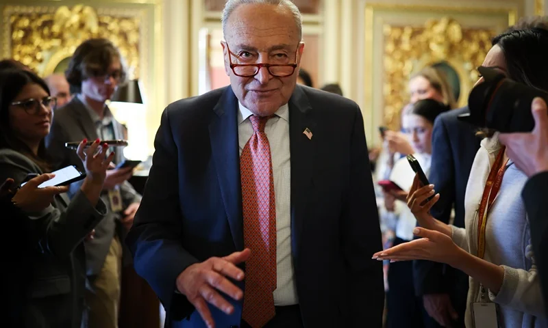 WASHINGTON, DC - MARCH 13: Senate Minority Leader Chuck Schumer (D-NY) leaves the Democratic caucus lunch at the U.S. Capitol on March 13, 2025 in Washington, DC. On Wednesday Senate Democrats, not in line with the continuing resolution passed by House Republicans providing a six-month funding extension to avert a government shutdown, proposed an alternate plan that would fund the government in the short term through April 11. (Photo by Kayla Bartkowski/Getty Images)