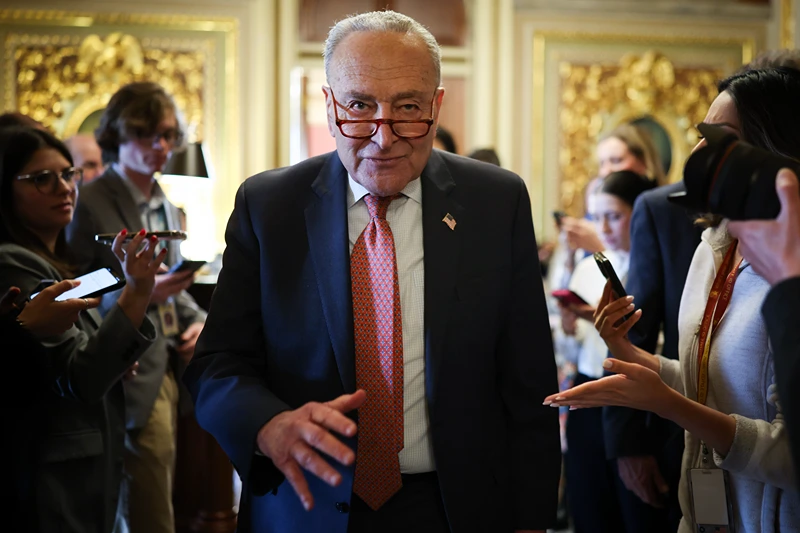 WASHINGTON, DC - MARCH 13: Senate Minority Leader Chuck Schumer (D-NY) leaves the Democratic caucus lunch at the U.S. Capitol on March 13, 2025 in Washington, DC. On Wednesday Senate Democrats, not in line with the continuing resolution passed by House Republicans providing a six-month funding extension to avert a government shutdown, proposed an alternate plan that would fund the government in the short term through April 11. (Photo by Kayla Bartkowski/Getty Images)