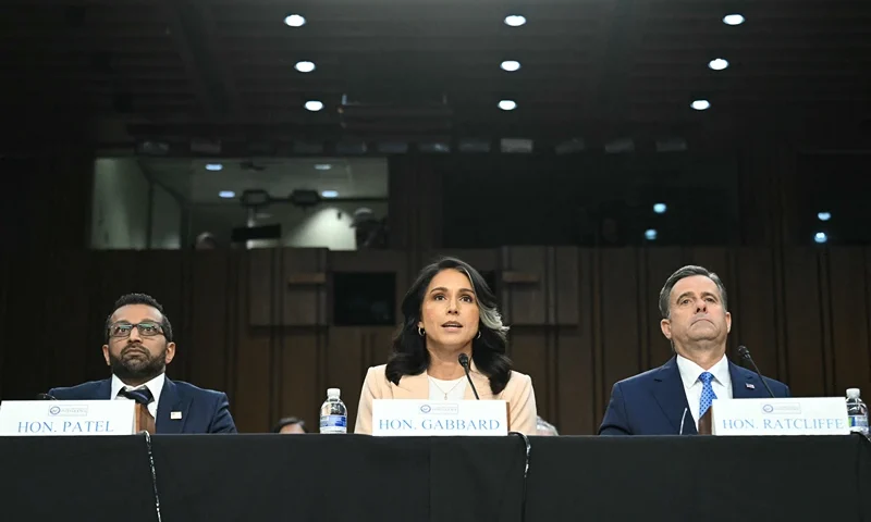 (L-R) FBI Director, Kash Patel; Director of National Intelligence, Tulsi Gabbard; and CIA Director, John Ratcliffe testify before the Senate Intelligence Committee hearing on "Worldwide Threats," on Capitol Hill in Washington, DC, on March 25, 2025. (Photo by SAUL LOEB / AFP) (Photo by SAUL LOEB/AFP via Getty Images)