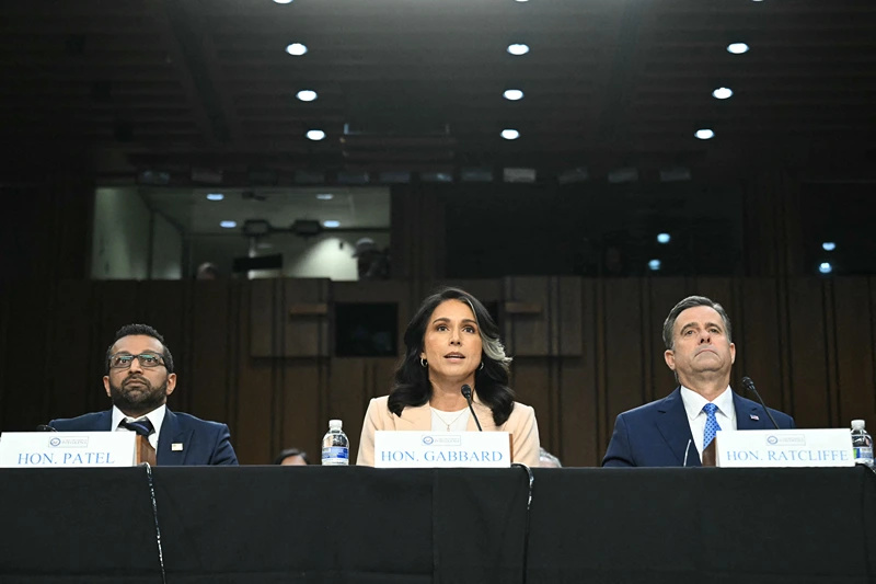 (L-R) FBI Director, Kash Patel; Director of National Intelligence, Tulsi Gabbard; and CIA Director, John Ratcliffe testify before the Senate Intelligence Committee hearing on "Worldwide Threats," on Capitol Hill in Washington, DC, on March 25, 2025. (Photo by SAUL LOEB / AFP) (Photo by SAUL LOEB/AFP via Getty Images)