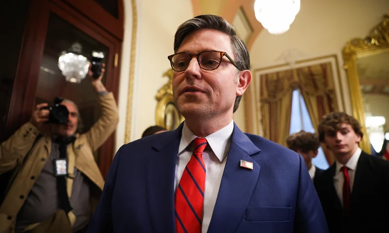 WASHINGTON, DC - APRIL 02: U.S. Speaker of the House Rep. Mike Johnson (R-LA) (L) speaks to after participating in a ceremonial swearing-in for Patronis (R-FL) and Randy Fine (R-FL) at the U.S. Capitol on April 02, 2025 in Washington, DC. The swearing-in comes after Johnson sent the House home until the following Monday after trying to block a vote on Rep. Anna Paulina Luna's (R-FL) proposal for proxy voting for new parents failed. (Photo by Kayla Bartkowski/Getty Images)