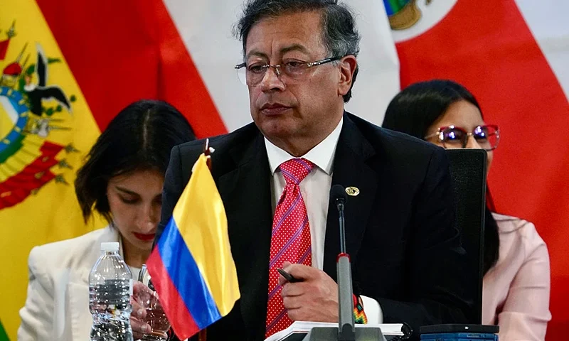 Colombia's President Gustavo Petro gestures during the IX Latin American and Caribbean States (CELAC) Summit, at the Central Bank of Honduras (BCH) in Tegucigalpa on April 9, 2025. A dozen Latin American and Caribbean presidents, including those of Brazil, Colombia, and Mexico, will meet during the 33-nation CELAC summit, in the midst of US President Donald Trump's trade war. (Photo by STRINGER / AFP) (Photo by STRINGER/AFP via Getty Images)