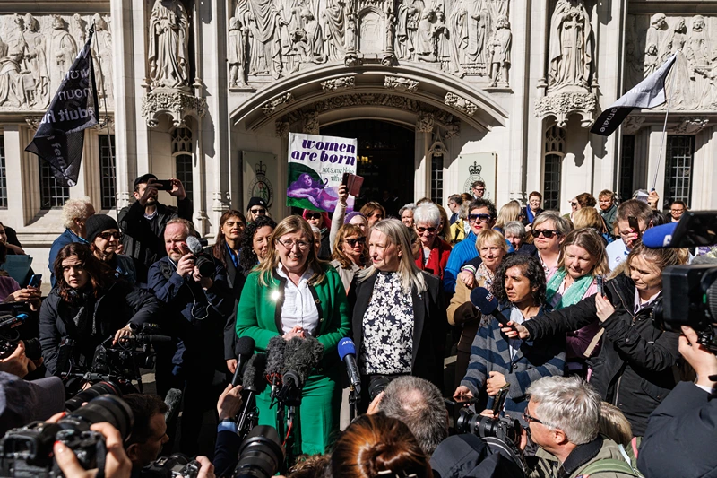 LONDON, ENGLAND - APRIL 16: Susan Smith (L) and Marion Calder, directors of 'For Women Scotland' speak to the media outside the Supreme Court on April 16, 2025 in London, England. The Supreme Court today ruled unanimously that "the terms 'woman' and 'sex' in the Equality Act 2010 refer to a biological woman and biological sex," in response to a long-running legal dispute between the activist group 'For Women Scotland' and the Scottish government over whether trans people with gender recognition certificates (GRC) identifying their gender as female were considered as having the sex of a woman. For Women Scotland had argued that sex-based protections should only apply to people born female. (Photo by Dan Kitwood/Getty Images)
