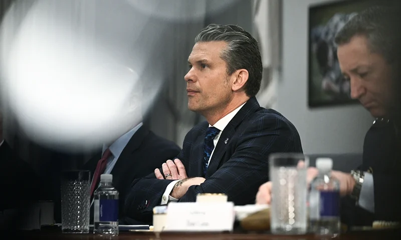 US Secretary of Defense Pete Hegseth speaks during a bilateral meeting with NATO Secretary General Mark Rutte at the Pentagon in Washington, DC, April 24, 2025. Rutte is in Washington from April 24 to 25 and has scheduled meetings with Hegseth, US Secretary of State Marco Rubio and National Security Advisor Mike Waltz. (Photo by Brendan SMIALOWSKI / AFP) (Photo by BRENDAN SMIALOWSKI/AFP via Getty Images)