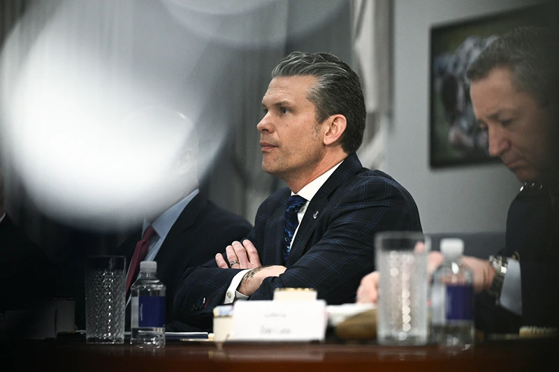 US Secretary of Defense Pete Hegseth speaks during a bilateral meeting with NATO Secretary General Mark Rutte at the Pentagon in Washington, DC, April 24, 2025. Rutte is in Washington from April 24 to 25 and has scheduled meetings with Hegseth, US Secretary of State Marco Rubio and National Security Advisor Mike Waltz. (Photo by Brendan SMIALOWSKI / AFP) (Photo by BRENDAN SMIALOWSKI/AFP via Getty Images)