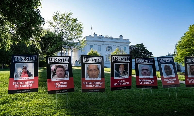 Photos of the criminals who have been captured and had entered the United States illegally are put in the West Wing of the White House on April 28, 2025 in Washington, D.C. (Photo by Andrew Thomas / Middle East Images / Middle East Images via AFP) (Photo by ANDREW THOMAS/Middle East Images/AFP via Getty Images)