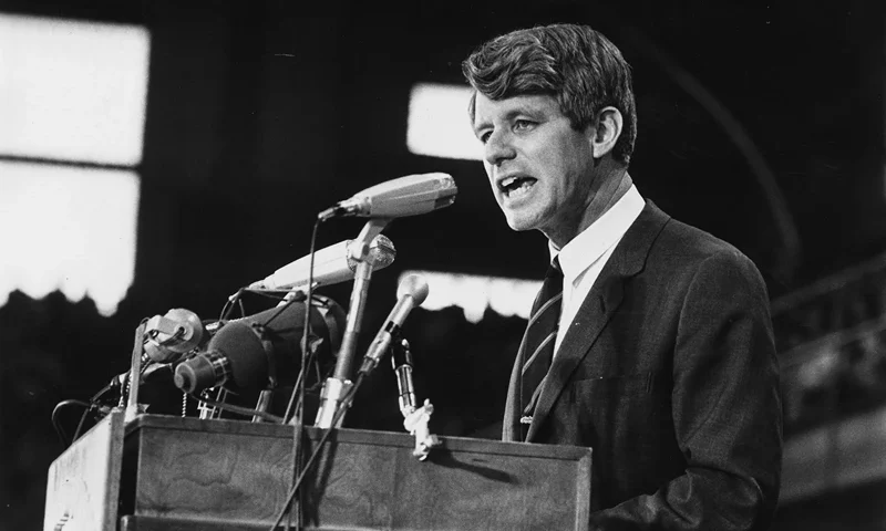 1968: Senator Robert Kennedy speaking at an election rally. (Photo by Harry Benson/Express/Getty Images)