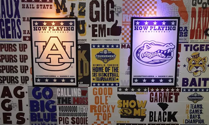 Hatch Show Print designs displayed before the SEC Tournament Championship between the Auburn Tigers and the Florida Gators at Bridgestone Arena. Mandatory Credit: Christopher Hanewinckel-USA TODAY Sports