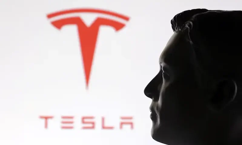 A 3D-printed miniature model of Elon Musk and the Tesla logo are seen in this illustration taken January 23, 2025. REUTERS/Dado Ruvic/Illustration