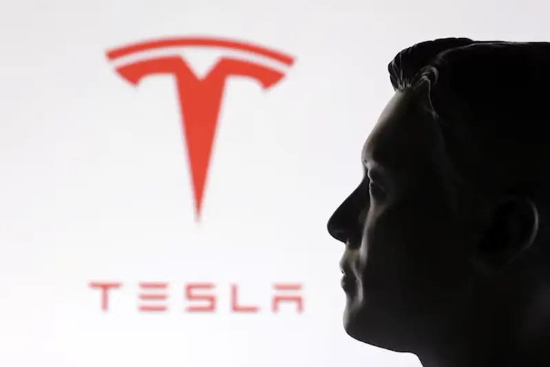 A 3D-printed miniature model of Elon Musk and the Tesla logo are seen in this illustration taken January 23, 2025. REUTERS/Dado Ruvic/Illustration