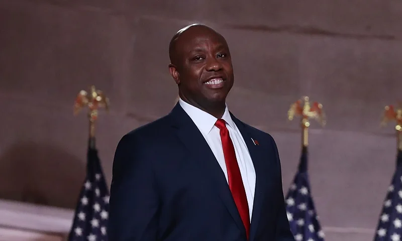 WASHINGTON, DC - AUGUST 24: U.S. Sen. Tim Scott (R-SC) takes to the podium in an empty Mellon Auditorium to address the Republican National Convention at the Mellon Auditorium on August 24, 2020 in Washington, DC. The novel coronavirus pandemic has forced the Republican Party to move away from an in-person convention to a televised format, similar to the Democratic Party's convention a week earlier. (Photo by Chip Somodevilla/Getty Images)