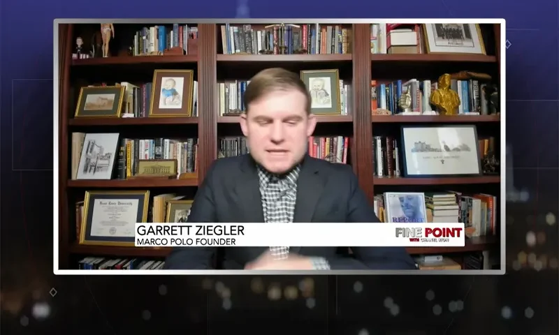 Video still from Fine Point on One America News Network during an interview with the guest, Garrett Ziegler.