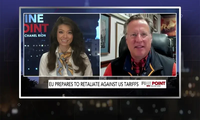 Video still from Fine Point on One America News Network showing a split screen of the host on the left side, and on the right side is the guest, Dave Brat.