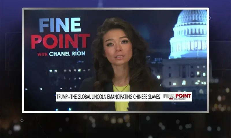 Video still of the host of Fine Point at the desk of their talk show on One America News Network.