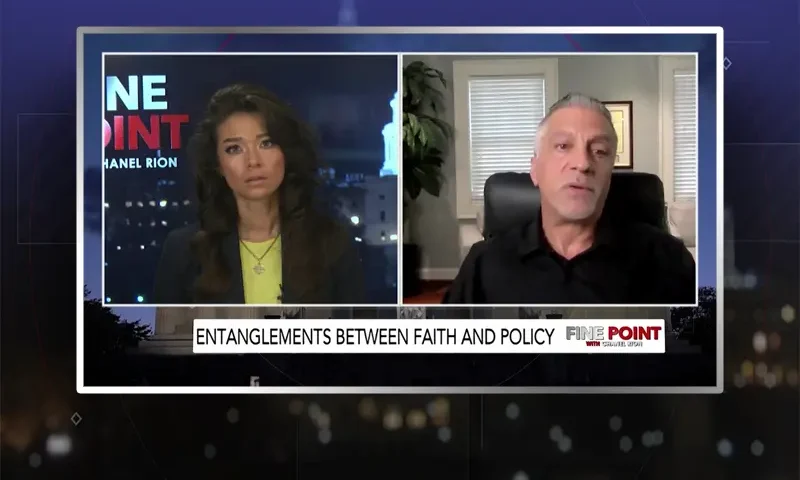 Video still from Fine Point on One America News Network showing a split screen of the host on the left side, and on the right side is the guest, Michael Morisi.