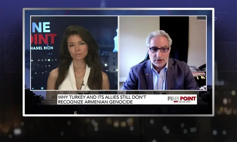 Video still from Fine Point on One America News Network showing a split screen of the host on the left side, and on the right side is the guest, Timothy Jemal.