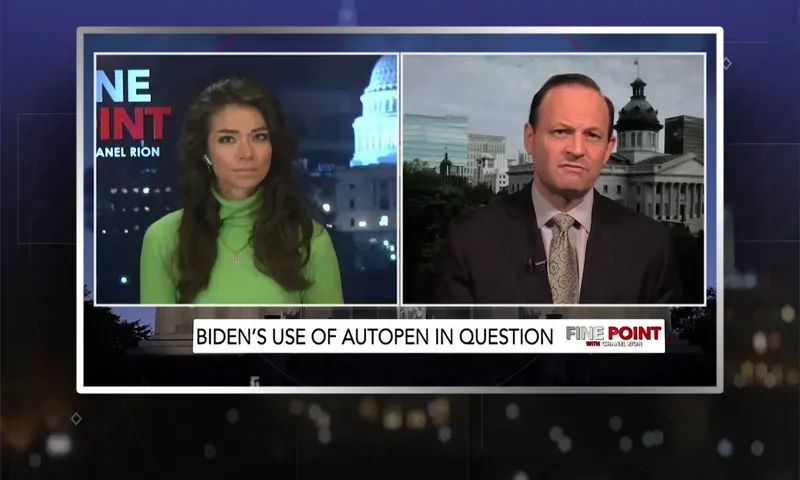 Video still from Fine Point on One America News Network showing a split screen of the host on the left side, and on the right side is the guest, Alan Wilson.