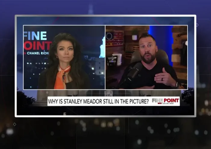 Video still from Fine Point on One America News Network showing a split screen of the host on the left side, and on the right side is the guest, Kyle Seraphin.