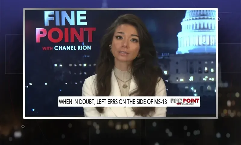 Video still of the host of Fine Point at the desk of their talk show on One America News Network.