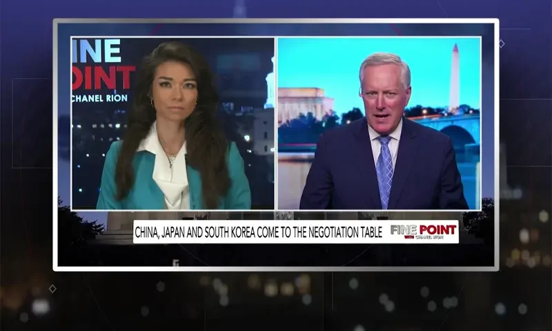 Video still from Fine Point on One America News Network showing a split screen of the host on the left side, and on the right side is the guest, Mark Meadows.