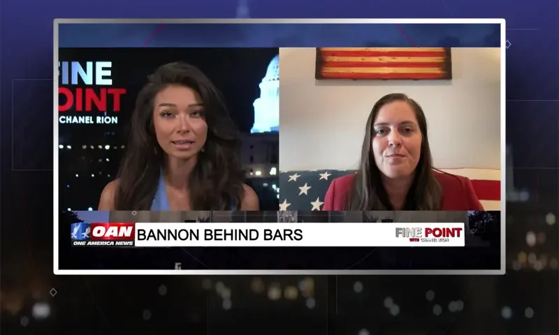 Video still from Fine Point on One America News Network showing a split screen of the host on the left side, and on the right side is the guest, Maureen Bannon.