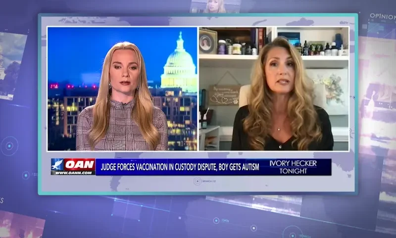 Video still from Ivory Hecker Tonight on One America News Network showing a split screen of the host on the left side, and on the right side is the guest, Nurse Michelle.