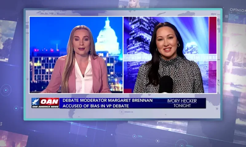 Video still from Ivory Hecker Tonight on One America News Network showing a split screen of the host on the left side, and on the right side is the guest, Kim Iversen.