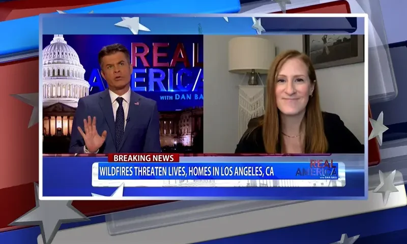 Video still from Real America on One America News Network showing a split screen of the host on the left side, and on the right side is the guest, Rachel O'Brien.