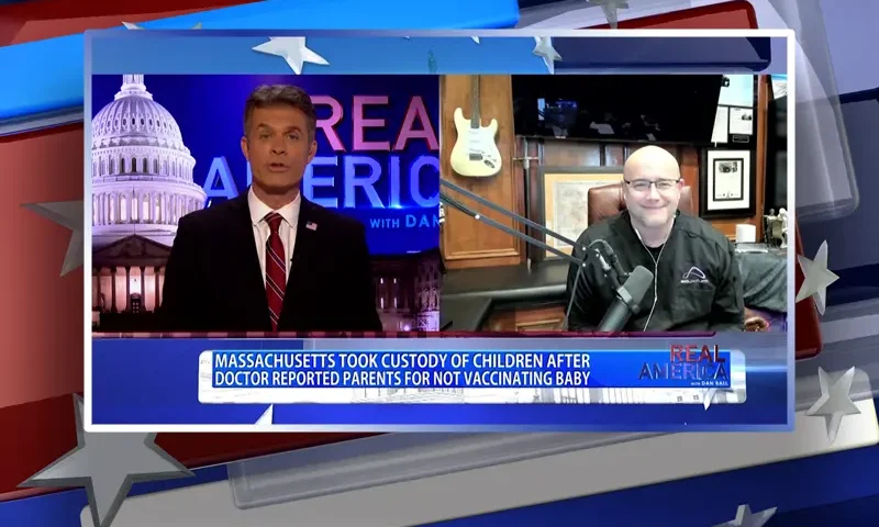 Video still from Real America on One America News Network showing a split screen of the host on the left side, and on the right side is the guest, Dr. Eric Nepute.