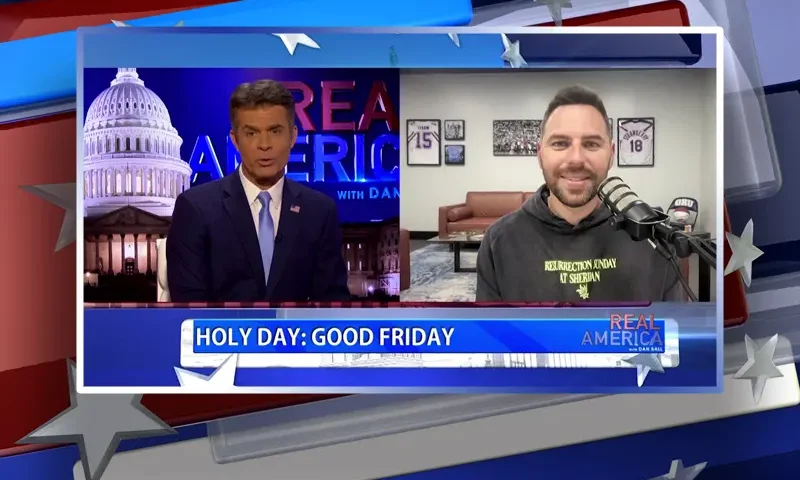 Video still from Real America on One America News Network showing a split screen of the host on the left side, and on the right side is the guest, Jackson Lahmeyer.