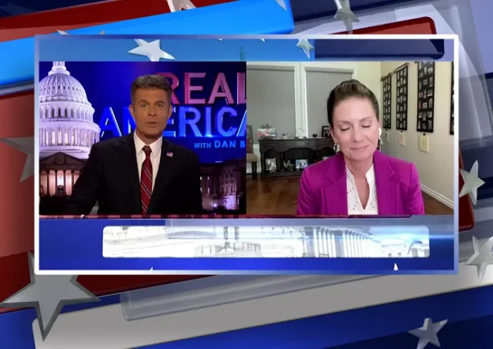Video still from Real America on One America News Network showing a split screen of the host on the left side, and on the right side is the guest, Melissa Melendez.