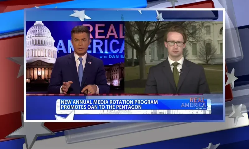 Video still from Tipping Point on One America News Network showing a split screen of the host on the left side, and on the right side is the guest, Daniel Baldwin.