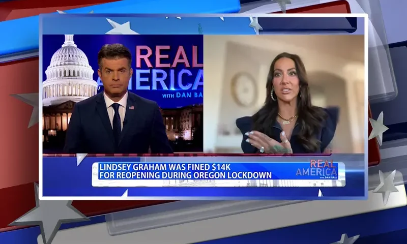 Video still from Real America on One America News Network showing a split screen of the host on the left side, and on the right side is the guest, Lindsey Graham.
