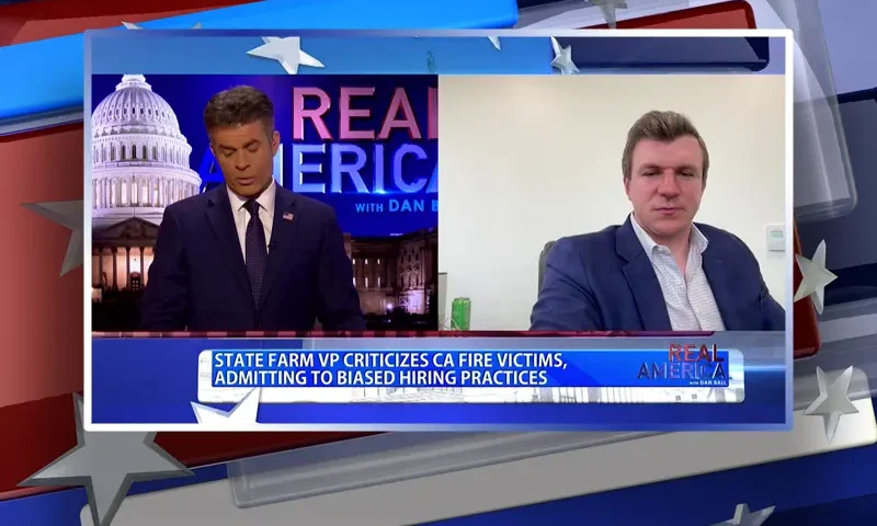 Video still from Real America on One America News Network showing a split screen of the host on the left side, and on the right side is the guest, James O'Keefe.