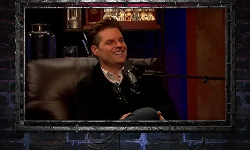 Video still from The Anchormen on One America News Network showing host Matt Gaetz.