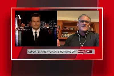 Video still from The Matt Gaetz Show on One America News Network showing a split screen of the host on the left side, and on the right side is the guest, Joey Venti.